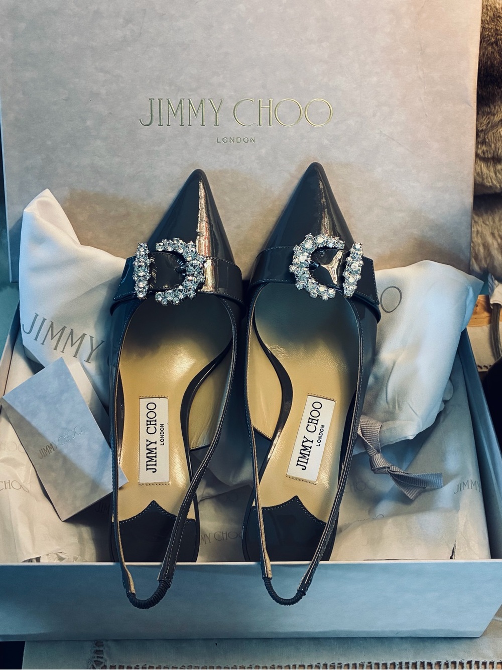 ✨ Jimmy Choo Cheri SB65 Patent Slingback Pointed Toe Pumps w Crystal Buckle NWT - Picture 16 of 17